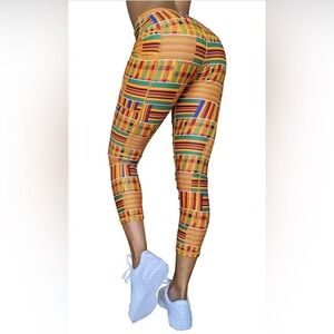 Washoge Esi Kente African Print High Waist Yoga Leggings with Pockets Small